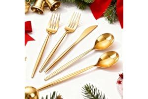 Rubtlamp 90Pcs Christmas Gold Plastic Silverware, Gold Disposable Christmas Utensils, Plastic Cutlery Include 30 Plastic Knives, 60 Forks and Spoons, Fancy Plastic Silverware Heavy Duty for Party
