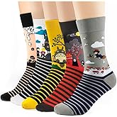TAUMI SOCK 5 Pairs Stripe Colorful Patterned Medium High Top Cotton Crew Socks for Women, Kawaii Cartoon Howl, Kiki, ect