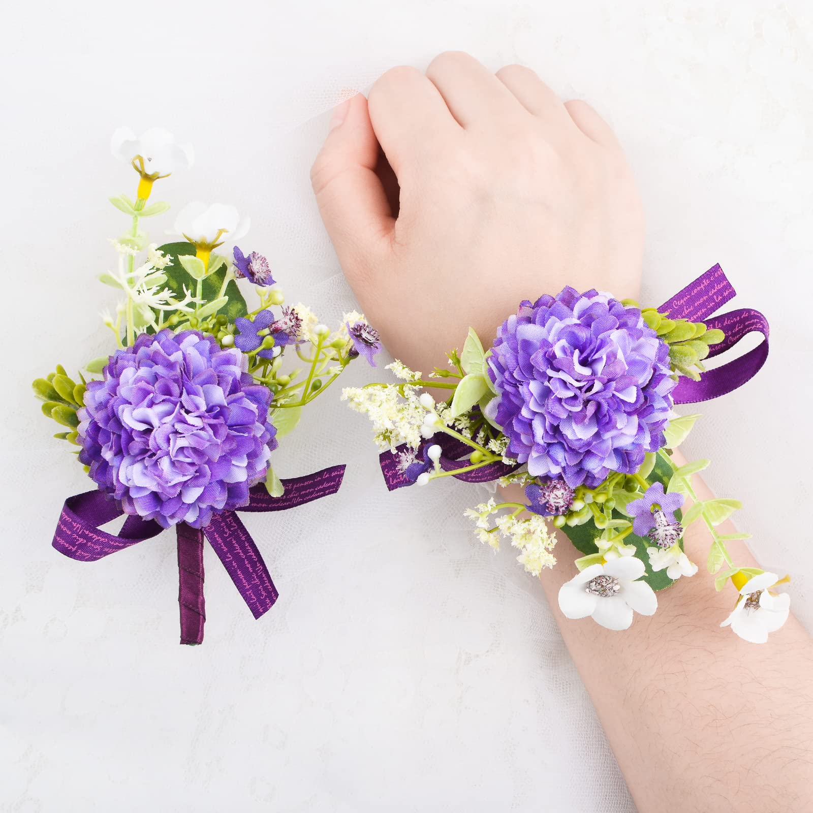 URROMA 1 Set Wrist Corsage and Boutonniere Set, Purple Hand Flower for Prom Artificial Wedding Wrist Corsage for Wedding Party Prom, Purple and White