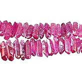 TUMBEELLUWA Rock Quartz Crystal Points Loose Beads for Jewelry Making, Titanium Coated Polished/Raw Quartz Beads 15 Inches Top Drilled,Fuchsia Crystal Points(0.5"-1.6")