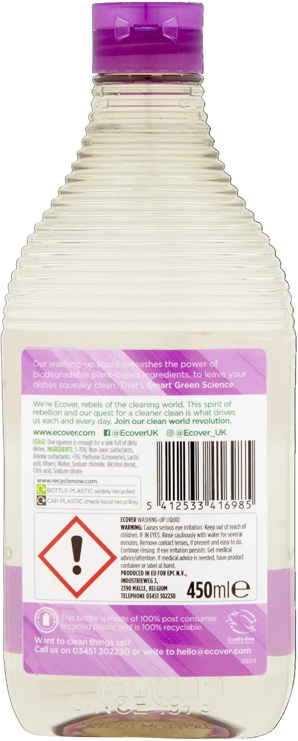 Ecover Washing Up Liquid Washing Up Soap, Tough on Grease and Grime, Fresh Lily & Lotus Scent, 1 x 450 ml - Image 3
