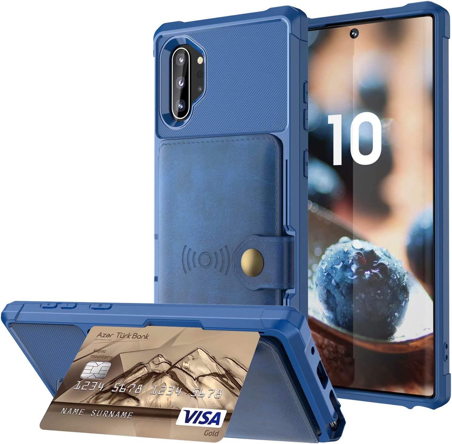 Tznzxm Galaxy Note 10 Plus Wireless Charging Case Credit Card Kickstand Rubber Buttons [Work with Magnetic Car Mount] Durable Flip Shockproof Protective Cover for Samsung Galaxy Note 10 Plus Blue