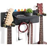 Bikoney Guitar Wall Mount Shelf with 3 Hooks, Auto Lock Dual Guitar Hanger | Guitar Wall Hanger Stand Holder for 2 guitars;Universal for Guitar, Electric Guitar, Bass, Ukulele,Pine Wood;Black