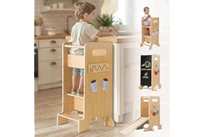 FLYINGBOOM Toddler Tower 4-in-1 Multifunctional Kitchen Stool Helper with Removable Safety Board, Adjustable Heights, Slide, Highchair, Chalkboard, Montessori Games