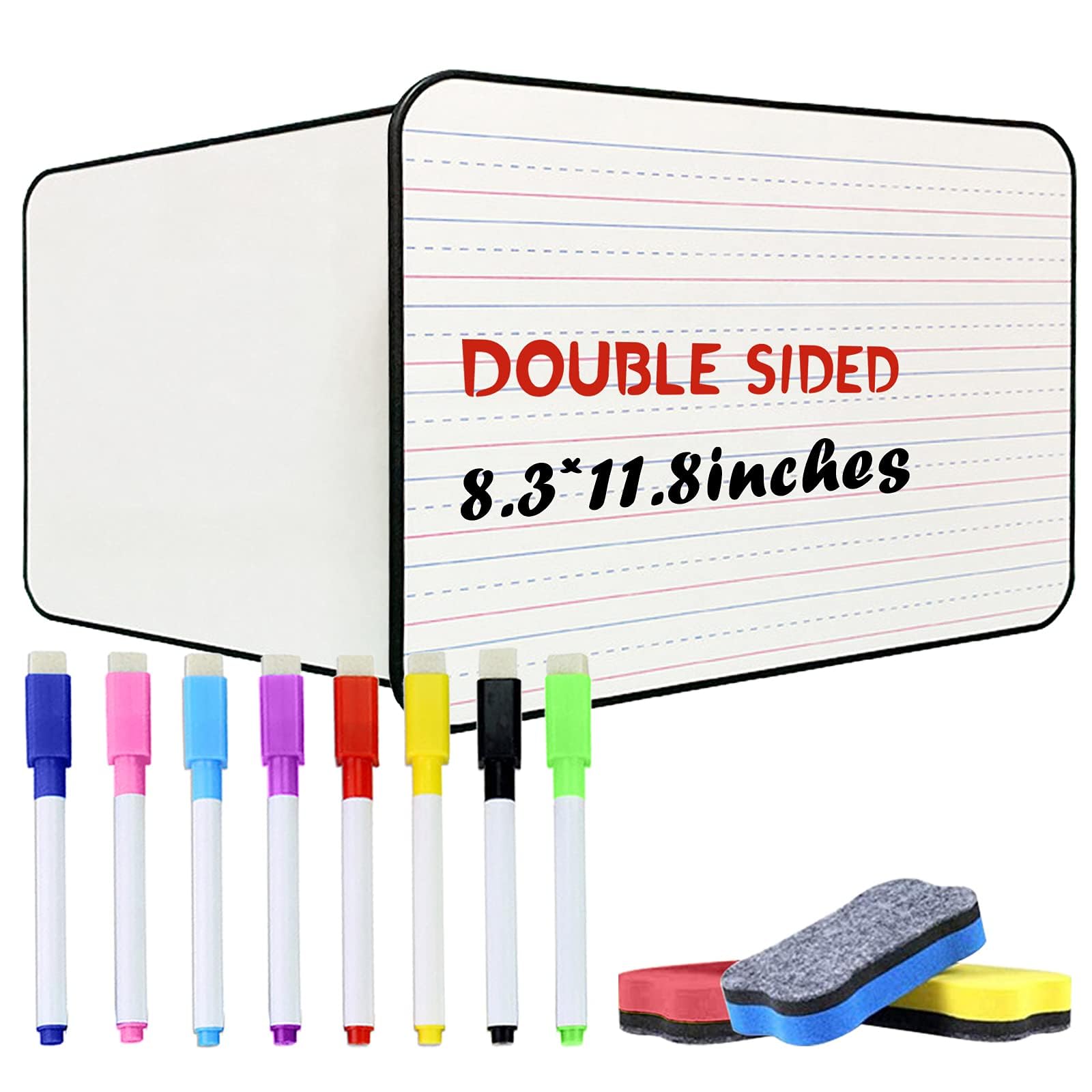 OWill Lined Mini Dry Erase Board, A4, Ruled & Blank, Double Sided Portable Whiteboard with 8 Markers & 3 Erasers