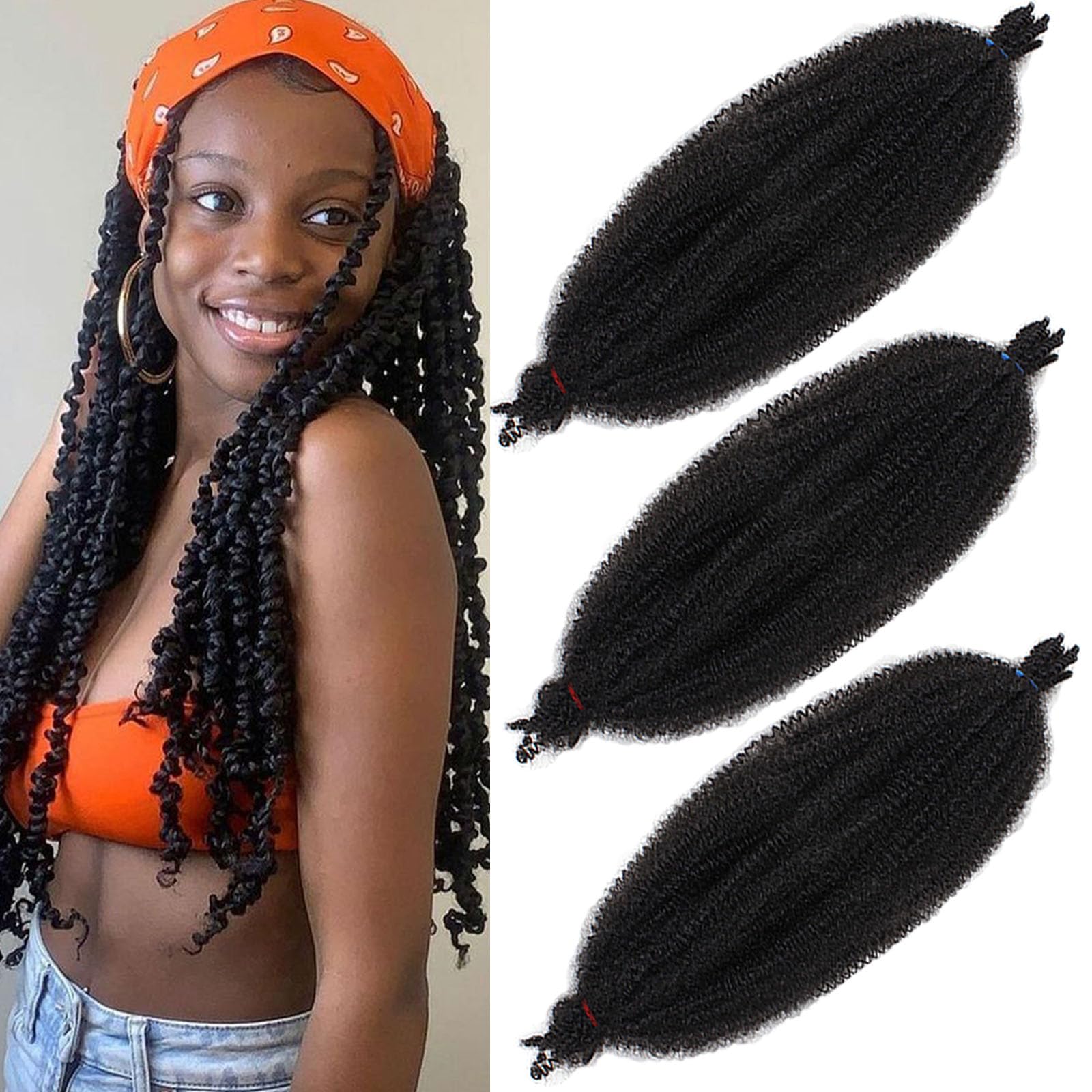 Samtress Springy Afro Twist Hair 24 Inch Pre Fluffed Popping Spring Twist for Soft Crochet Locs 3 Packs Natural Black Marley Twist Braiding Hair Extension (#1B) — image 1