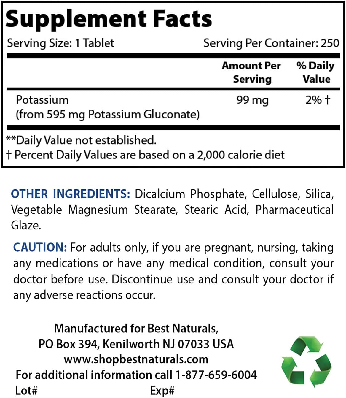 Best Naturals Potassium Gluconate Supplement 595 Mg Tablet, 250Count: Health & Personal Care