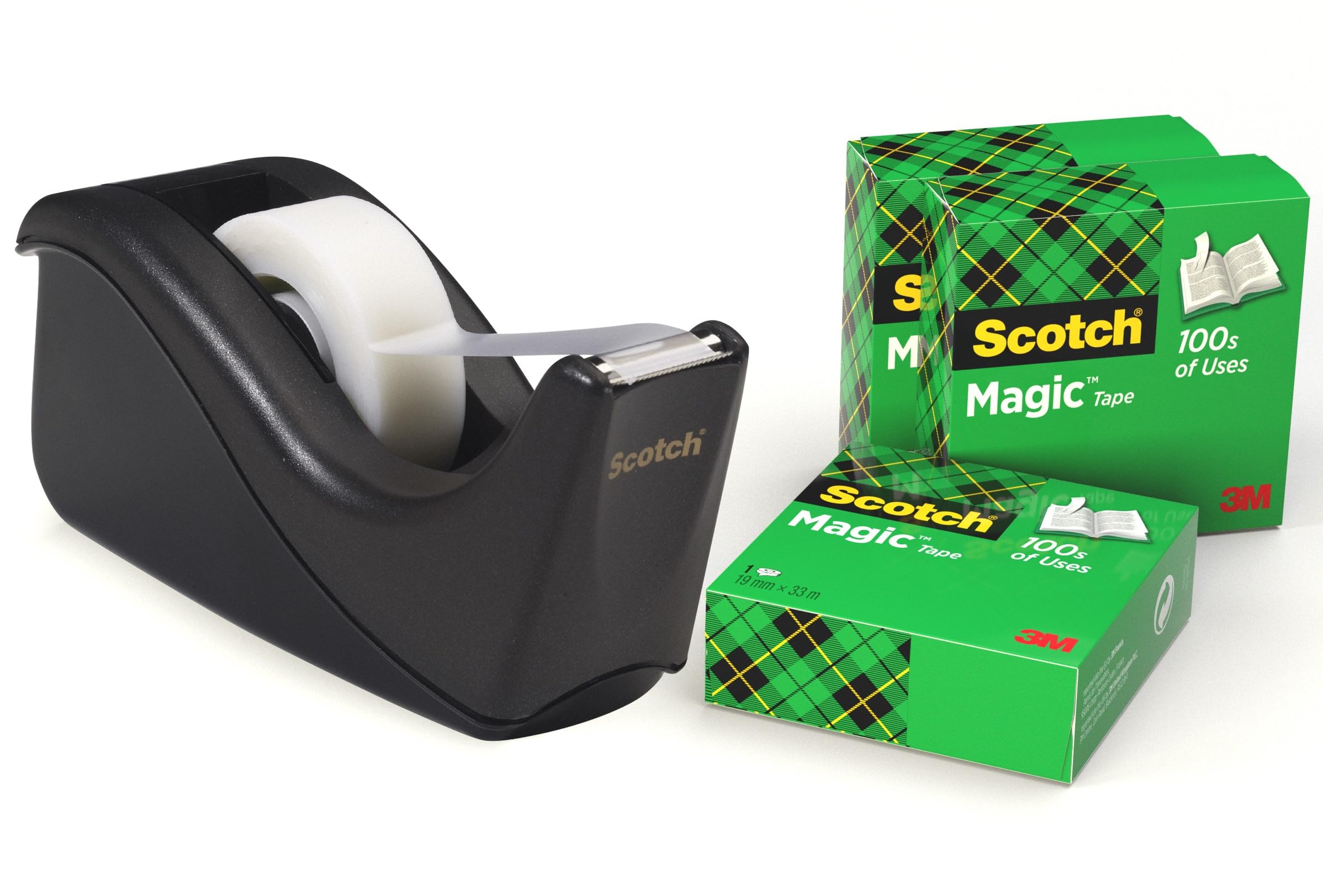 Scotch C60 Magic Tape Dispenser with Scotch Magic Tape 19mm x 33m (4 Rolls), Black - Ideal for School, Home and Office