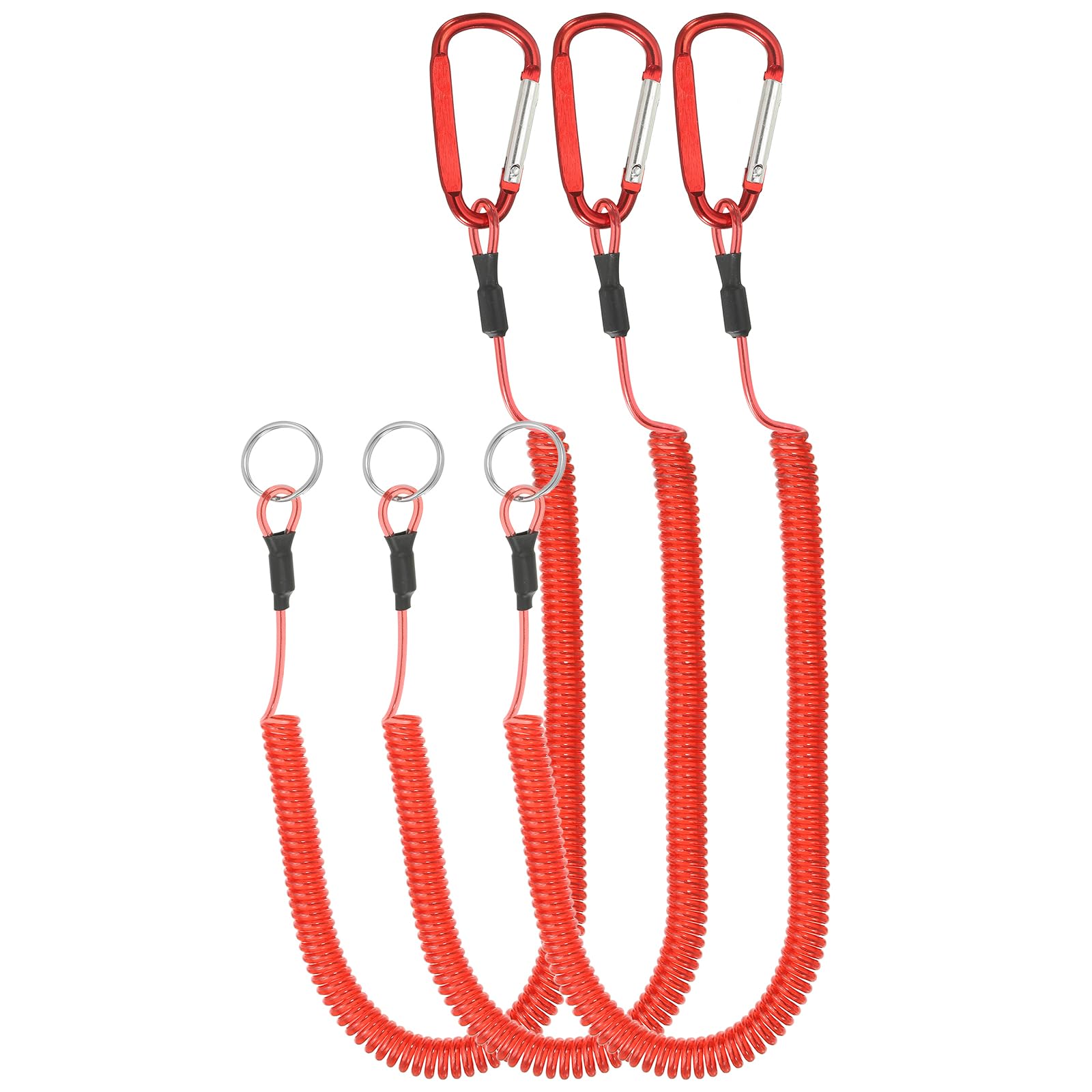 PATIKIL 6.5ft Spring Fishing Lanyard, 3 Pack Retractable Coiled Tether Spiral Coil Keychain Cord with Metal Clip & Split Ring for Pliers Boating Fly Fishing, Red