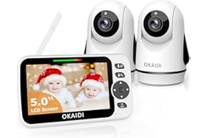 OKAIDI Video Baby Monitor with 2 Cameras, 5" Display Baby Monitor No WiFi, 30H Battery and 1000ft Range, Remote Pan-Tilt-Zoom Baby Camera, 2-Way Talk, 8 Lullabies, Baby Monitor for Baby Pet Elderly