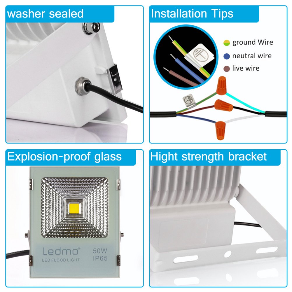 LEDMO 50W LED Flood Lights, Waterproof IP65 for outdoor, Daylight White, 6000K, 4000lm, 250W Halogen Equivalent, Security Lights, Floodlight