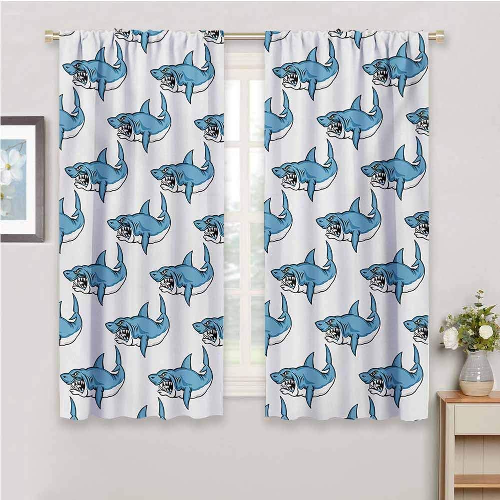 DIMICA All Season Insulation Animals Fierce Predator Wild Shark Swimming Sharp Teeth Bite Nautical Theme Pattern Print Sliding Soundproof Curtains W63 x L45 Inch Blue White