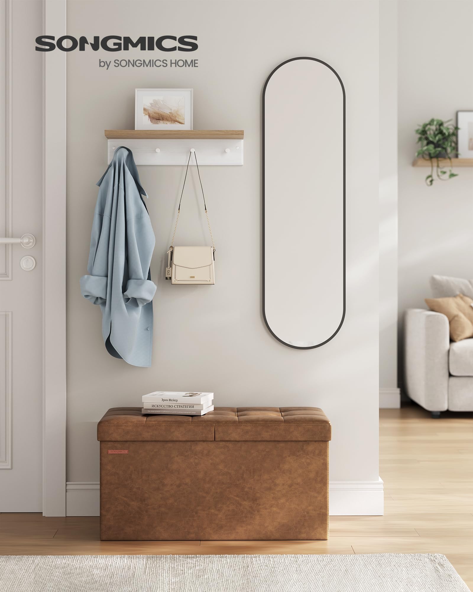 SONGMICS MAZIE Collection - 30 Inches Storage Ottoman Bench with Flipping Lid, Storage Chest Footstool, Load 660 lb, for Entryway, Living Room, Bedroom, Synthetic Leather, Coffee Brown ULSF045K01