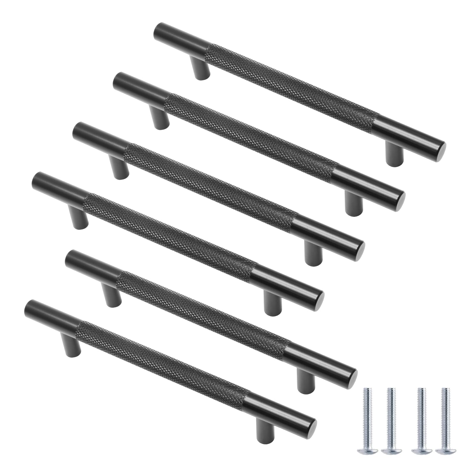 Cjueiom 6 Pack Matt Black Cupboard Handles 128mm Hole Center T Bar Handles, Knurled Drawer Handle Long Wardrobe Door Handle Pulls with Diamond Pattern, Kitchen Cabinet Pulls for Bedroom Drawer