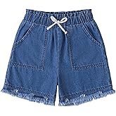Hilinker Girls Jean Shorts High Waist Frayed Hem Cute Summer Denim Shorts with Pockets