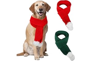 YUEPET 2 Pack Knitted Dog Christmas Scarf Red Green Dog Santa Scarves with White Pompom Ball, Christmas Bandanas for Male Female Medium Large Dogs, Winter Neck Warmer for Pets