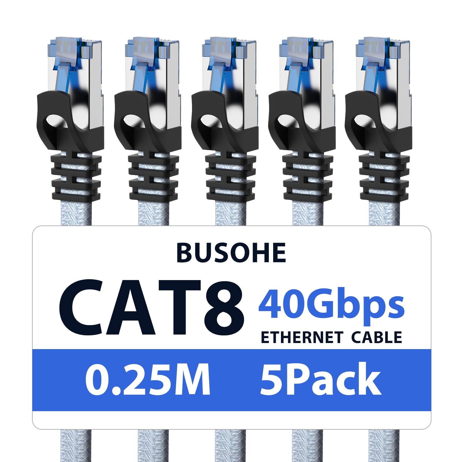 BUSOHE Cat 8 Ethernet Cable 0.25m (5 Pack), High-Speed 40Gbps 2000MHz Network Cable Braided Flat Gigabit Rj45 STP Shielded Internet Network Lan Cable Cord Compatible with PC, Laptop, Routers, Modem — image 1