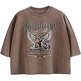 Cayxatiu Motorcycle Cropped Graphic Vintage Tees for Women Y2k Aesthetic Baggy Crop Top Acid Wash Motivation T Shirt Trendy