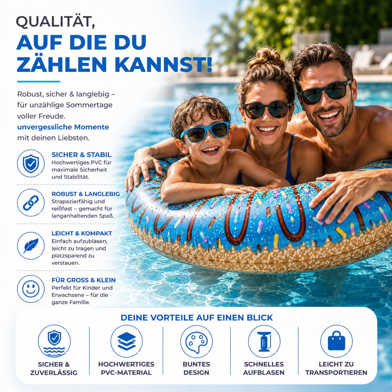 Aufblasbar Donut Schwimmring blau Ø 120 cm mit Biss - Schwimmreifen Pool & Wasser, für Erwachsene & Kinder (Donut blau) 8