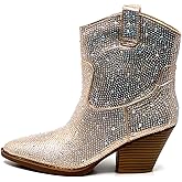 Forever Women's Rhinestone Block Heel Ankle Boots River-01 Champagne 7