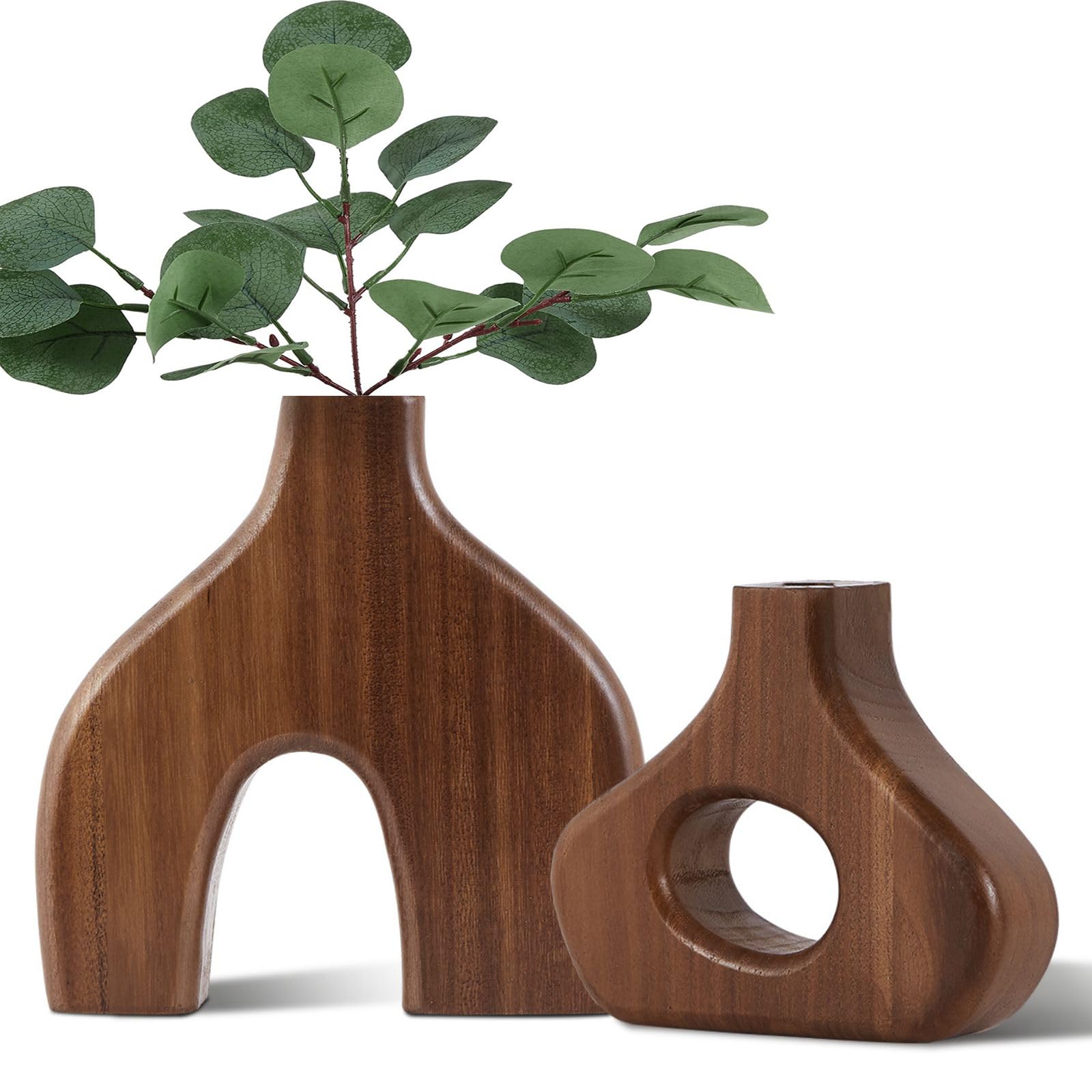 Photo 1 of 2 Set Wooden Vases for Home Decor, Farmhouse Rustic Fall Small Wood Vase for Flowers and Plants, Modern Scandinavian Rustic Wooden Vase Home Decor for Centerpieces, Table, Living-Room, Dining Room