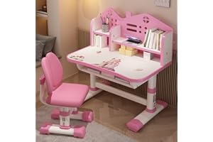 ZTGD Kids Adjustable Study Desk & Chair Set w/Storage,Drawers,Bookshelf,Child Toddler Writing Homework Table,Little Girl Work Computer Desk,Princess Preschool Desk,Escritorio Mesas para Niña (Pink B)