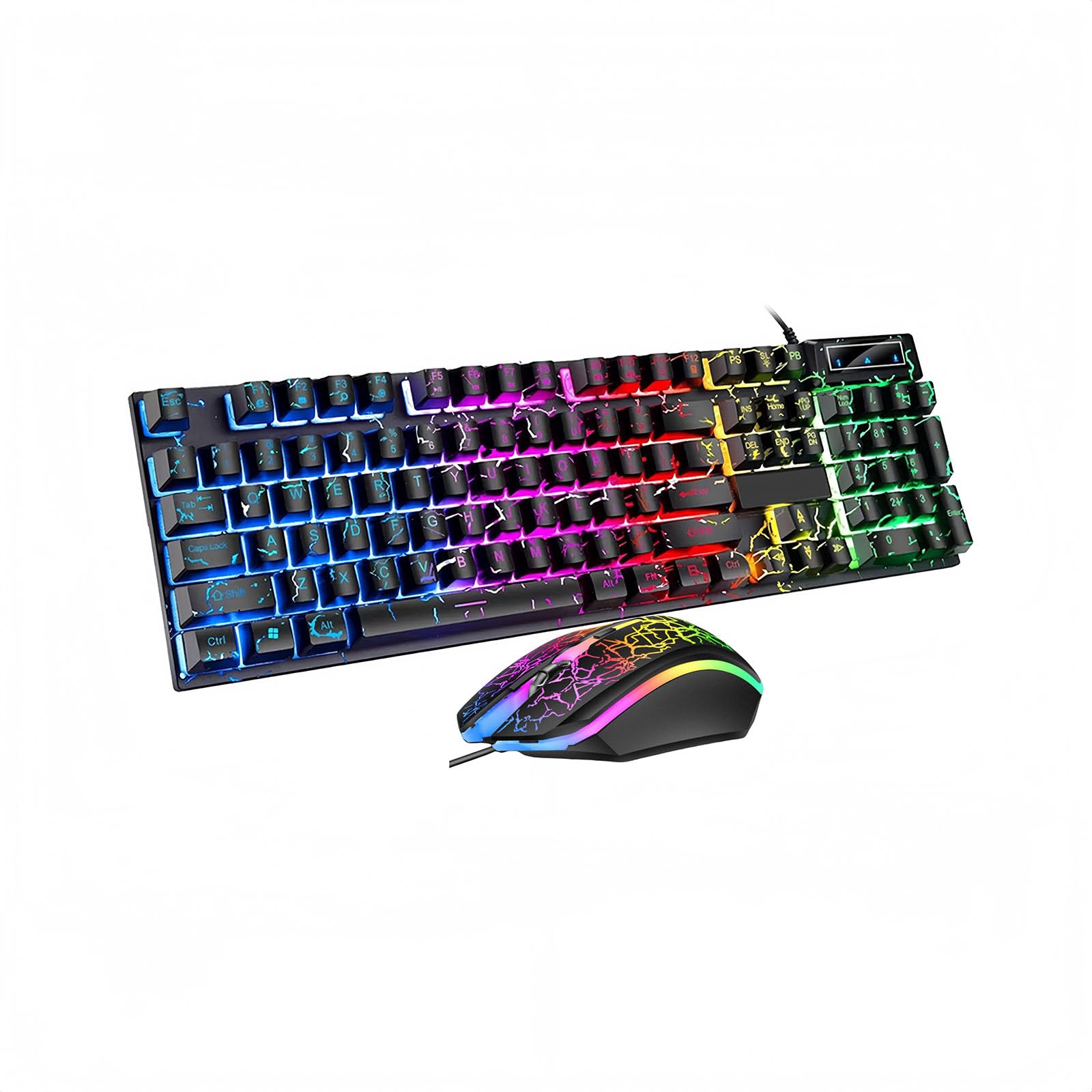 Wired Crack Game Keyboard and Mouse Set with Mechanical Feel, Illuminated Letter Perforated Rainbow LED Mouse and Keyboard,104 Keys Numeric Keypad, LED Indicators, for Office,Gaming