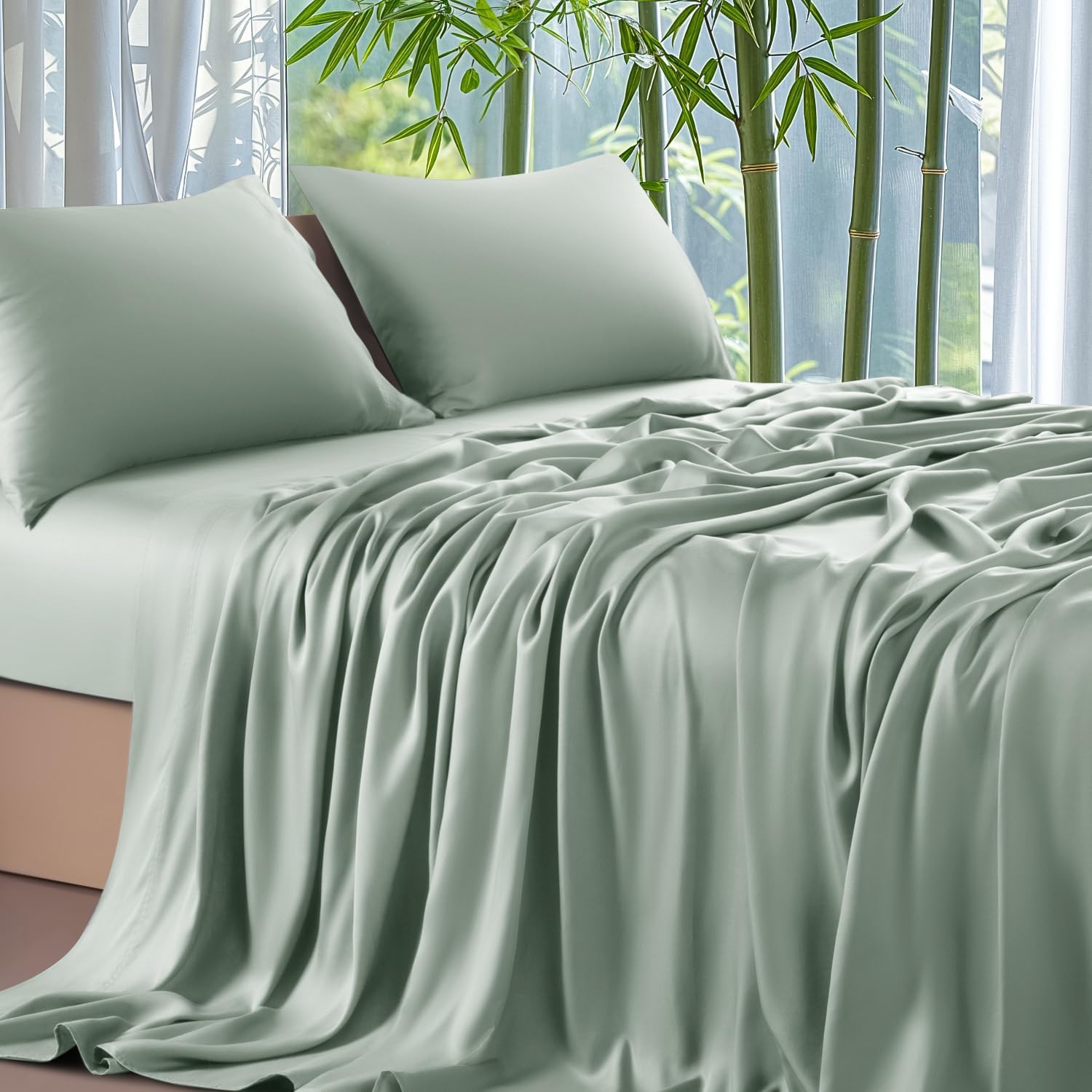 Shilucheng 100% Viscose Derived from Bamboo_ Sheets Cal King Size 4pcs - Ultra Cooling & Silky Soft Bed Sheets, 16" Deep Pocket, Perfect for Hot Sleepers, Hotel Bedding Sheets (Sea Glass)