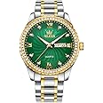 Men's Casual Stainless Steel Watch, Big Face Easy to Read Analog Quartz Watch with Day and Date, Classic Waterproof Diamond Roman Arabic Numerals Dial Dress Watch for Men, Gold Silver Black Band
