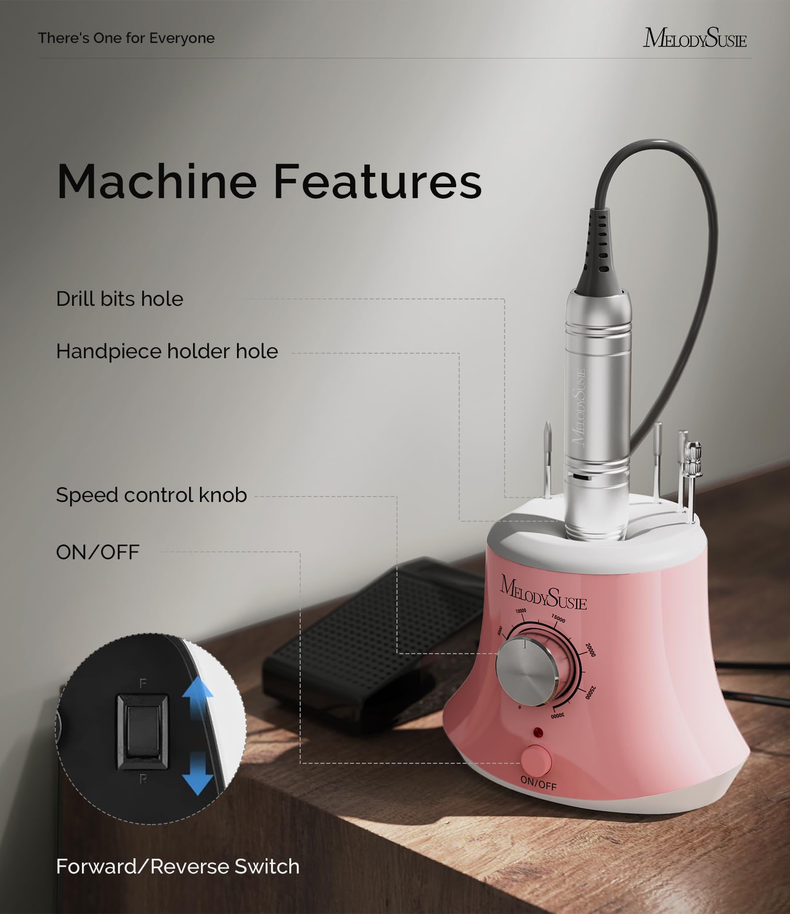 MelodySusie Electric Nail Drill with Foot Pedal, 30000RPM Professional Nail File Bits & Sanding Bands Kit for Acrylic & Gel Nails, Efile Nail Drill Set for Manicure Pedicure Polishing, Scarlet Pink - Image 6