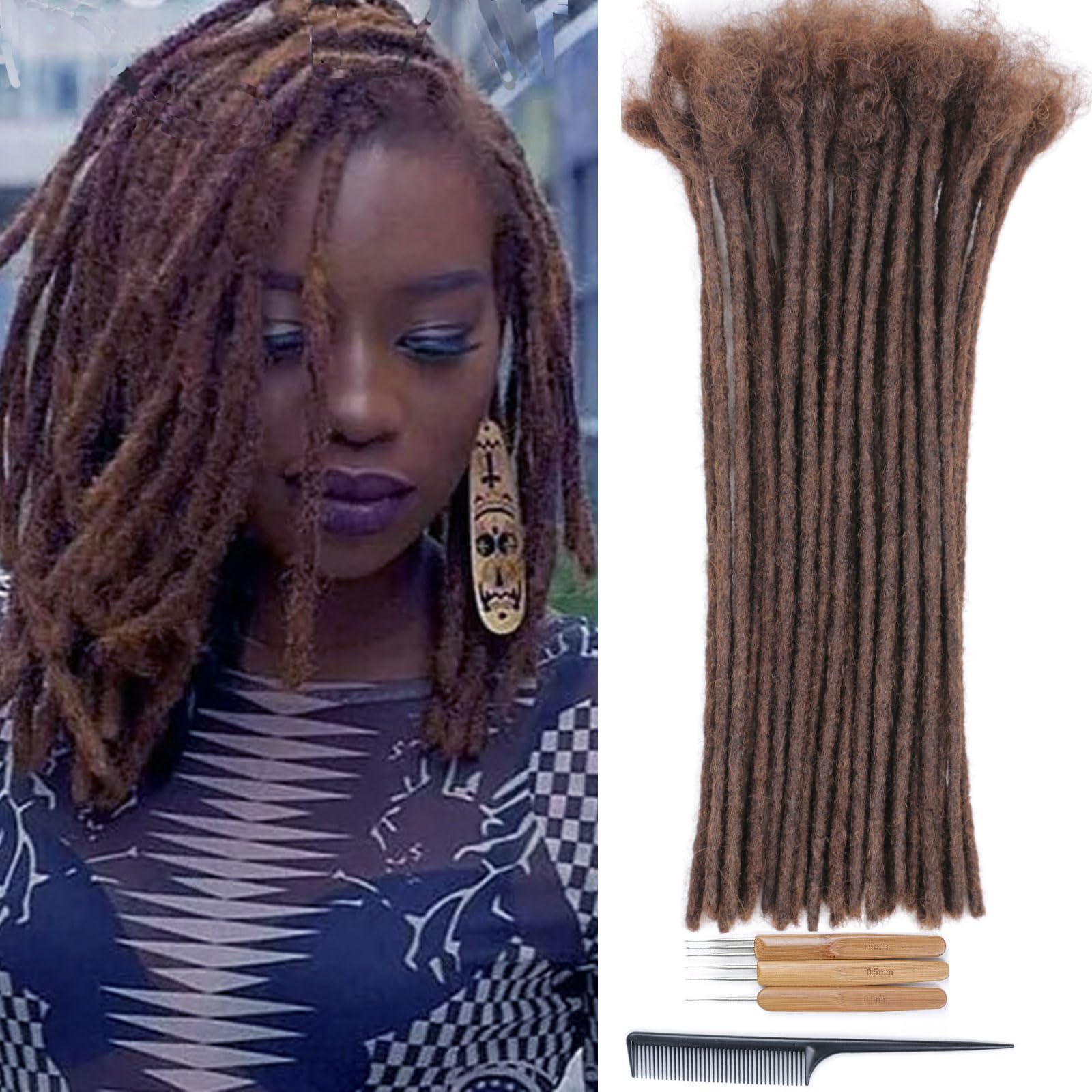 Huarisi 0.6cm Thickness 12 Inch 30Strands Human Hair Dreadlock Extensions for Women Brown Handmade Permanent Loc Extensions Real Hair Color 4 Can Be Curled and Twisted