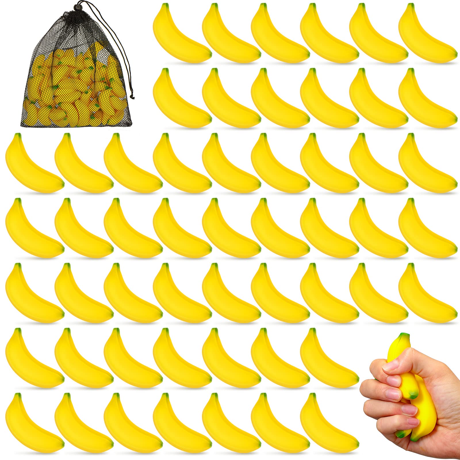 Photo 1 of *****missing pcs****HyDren 50 Pcs Mini Banana Stress Toys Foam Bananas Party Favor Stress Relief Fidget Toy Ball with Storage Bag for Adults Anxiety Relief School Carnival Reward Party Supplies