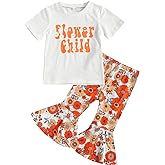 YOKJZJD Toddler Baby Girl Letter Short Sleeve T-Shirt Tops Floral Flared Bell-Bottom Pants Leggings Kids Summer Outfits Set