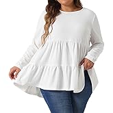 Agnes Orinda Plus Size Babydoll Tops for Women Long Sleeve Crew Neck Casual Loose Peplum Tops Blouses Tunics