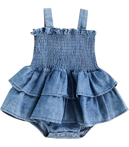 baorji Newborn Baby Girl Denim Dress Sleeveless Smocked Ruffle Romper Tutu Dress Infant One Piece Bodysuit Summer Clothes (Blue, 0-3 Months): Clothing, Shoes & Jewelry