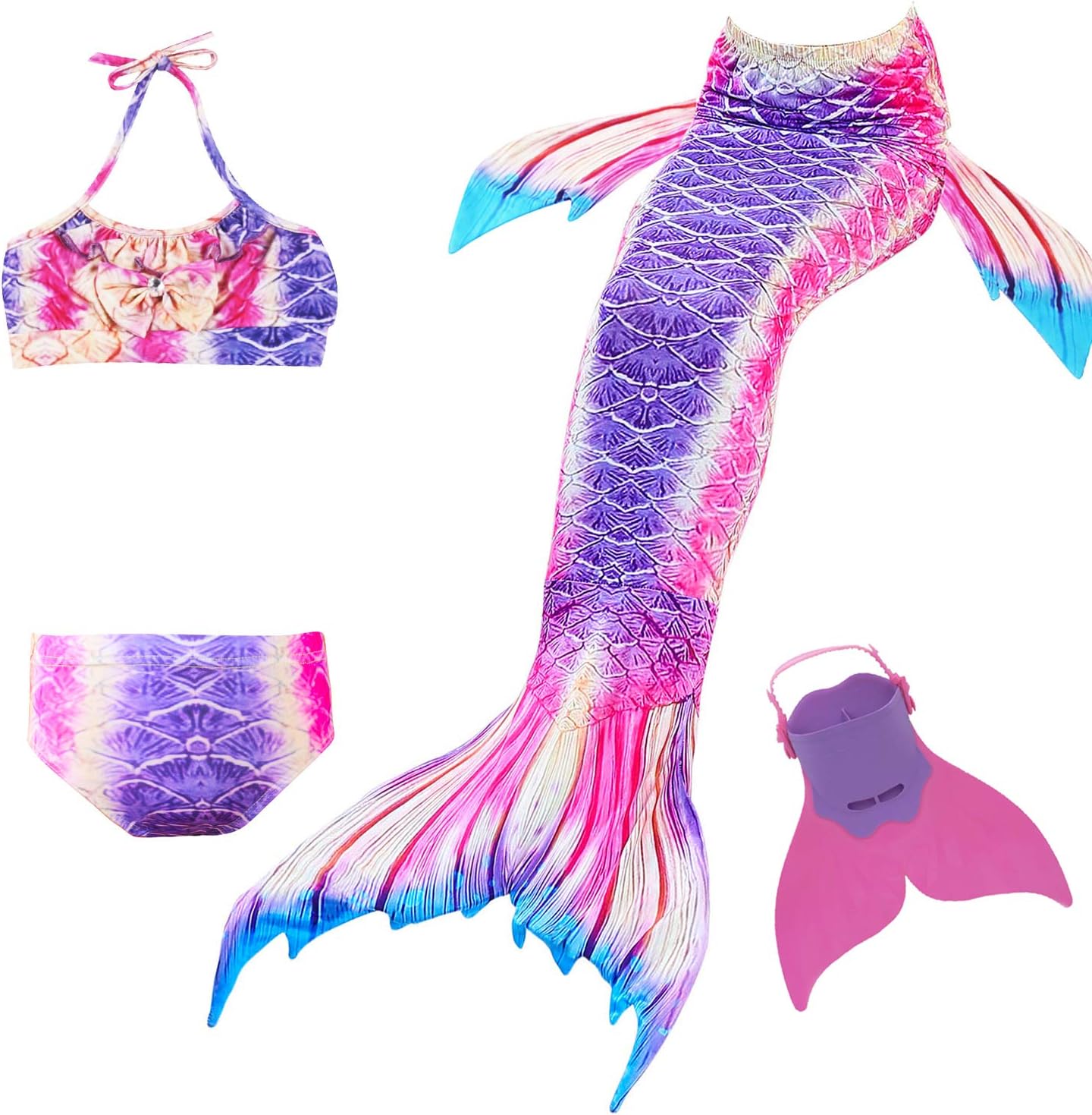 Girls Mermaid Tail for Swimming 4 PCS Set Mermaid Bikini Swimsuit Princess Cosplay Swimwear Costume with Monofin