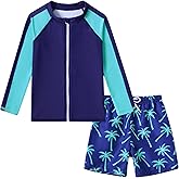 Boys Two Piece Swim Set Zipper Rash Guard Swimsuits Long Sleeve Bathing Suit for 4-12 Years