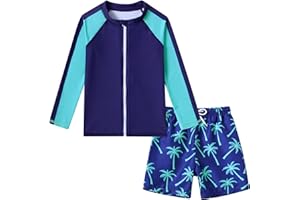 SUNFOCUS Boys Two Piece Swim Set Zipper Rash Guard Swimsuits Long Sleeve Bathing Suit for 4-12 Years