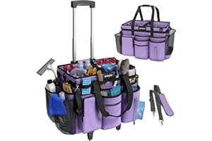 CORBYLES Rolling Cleaning Caddy Bag with Detachable Trolley, Cleaning Supplies Organizer Cart on Wheels, Cleaning Supply Caddy for Housekeepers, Large Professional Detailing Bag Tote for Home, Car (Purple)