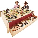 Tiny Land Large Wooden Train Table (47.9&rdquo;x35.2&rdquo;) with 104PCS Train Set | Activity Playset for Kids Ages 3+ with 3 Storage Bins, Vintage 1920s Train Town with Authentic Sounds &amp; Interactive Play