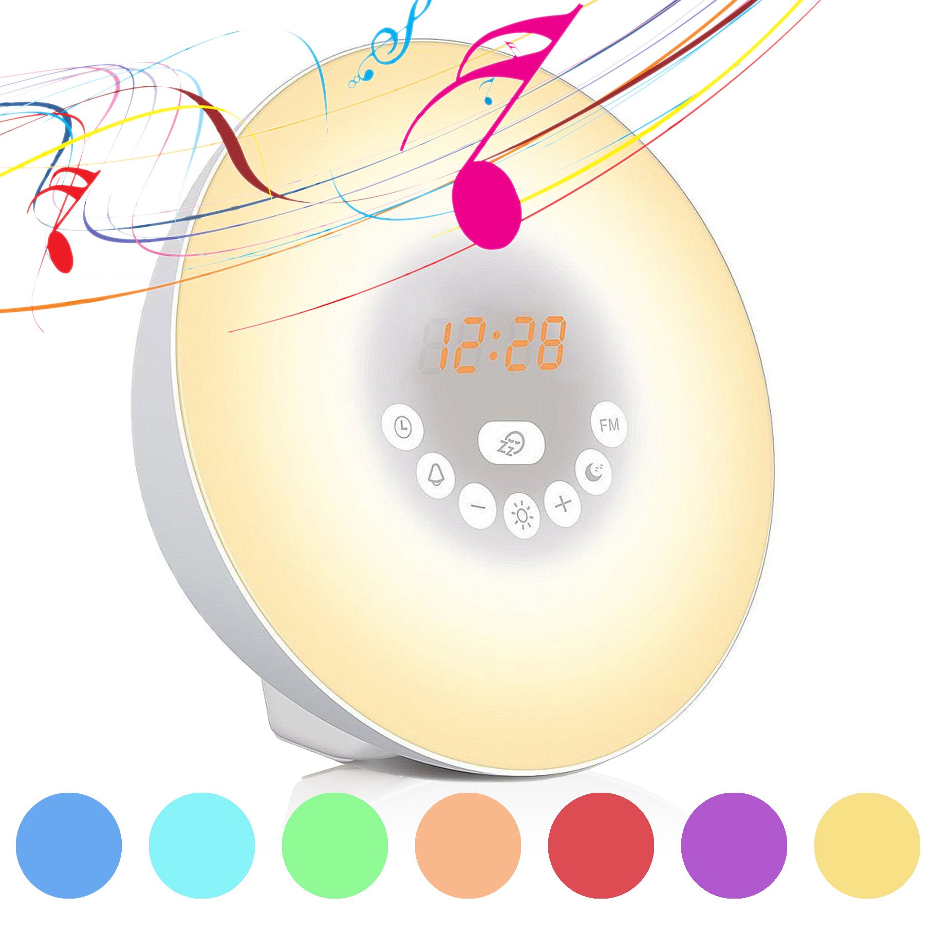 Reliatronic Sunrise Alarm Clock, Wake-Up Light Alarm Clock with 6 Nature Sounds, 7 Colors Light, FM Radio, USB Charger,Touch Control