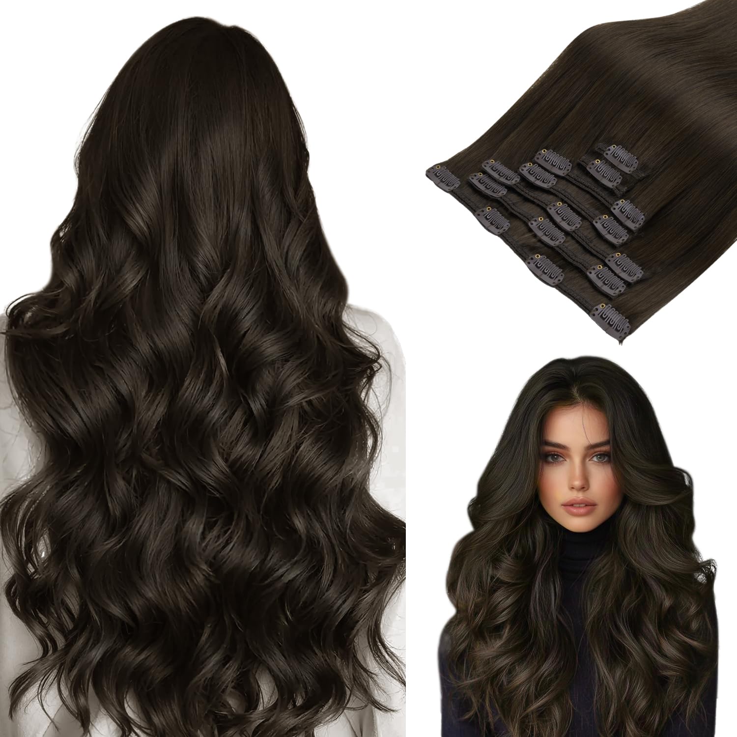 hotbanana Clip in Hair Extensions, Dark Brown Clips in Hair Extension Real Human Hair Double Weft Clip In human Hair Straight Remy Hair Extensions 14 Inch 120g 7pcs — image 1