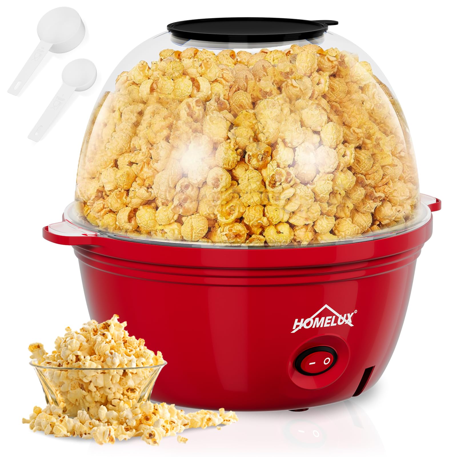 HOMELUX Popcornmaschine Popcorn Maker 450W Mini Popcorn Maschine mit Messlöffel Antihaftbeschichtung Snack Popcorn Popper für Zuhause Party Kinder, Deckel als Servierschale, Stille & Schnelle Rot