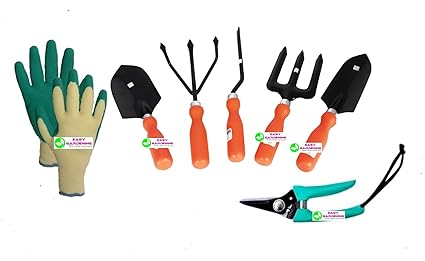 Easy Gardening - 701 - Garden Tools Kit (6Tools) + Knit Gardening Gloves - Weeder,Trowel Big,Trowel Small,Cultivator,Fork, Pruner