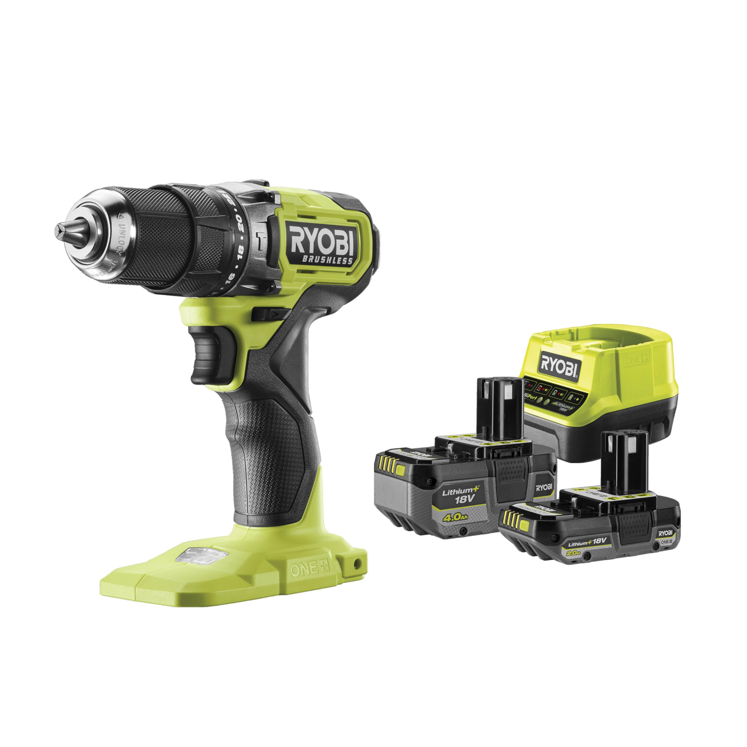 RYOBI 18 V ONE+ Brushless Akku-Schlagbohrschrauber RPD18BL1-2C42S, max. Drehmoment 54 Nm, Schnellspannbohrfutter, G5 GripZone, inkl. 1 x 18V 4,0 Ah & 1 x 18V 2,0 Ah Akku und Ladegerät