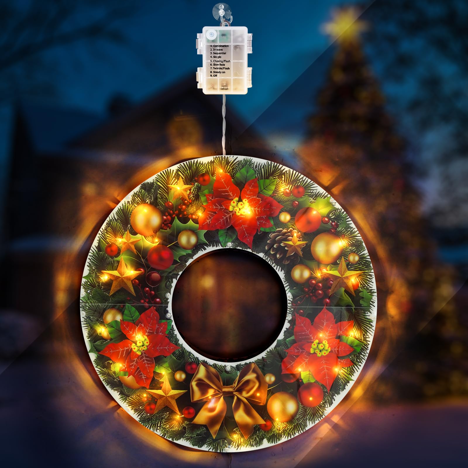 Photo 1 of 2 Pack 16Inch PVC Christmas Wreath Decor with Lights, Battery Operated Lighted Christmas Wreath Decorations for Indoor and Outdoor, IP44 Waterproof Xmas Decor for Window, Door and Wall