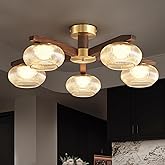 Modern Walnut Wood LED Ceiling Light Fixture,Glass Shade 5 Light Semi Flush Mount Wooden Ceiling Light,Farmhouse Walnut Solid