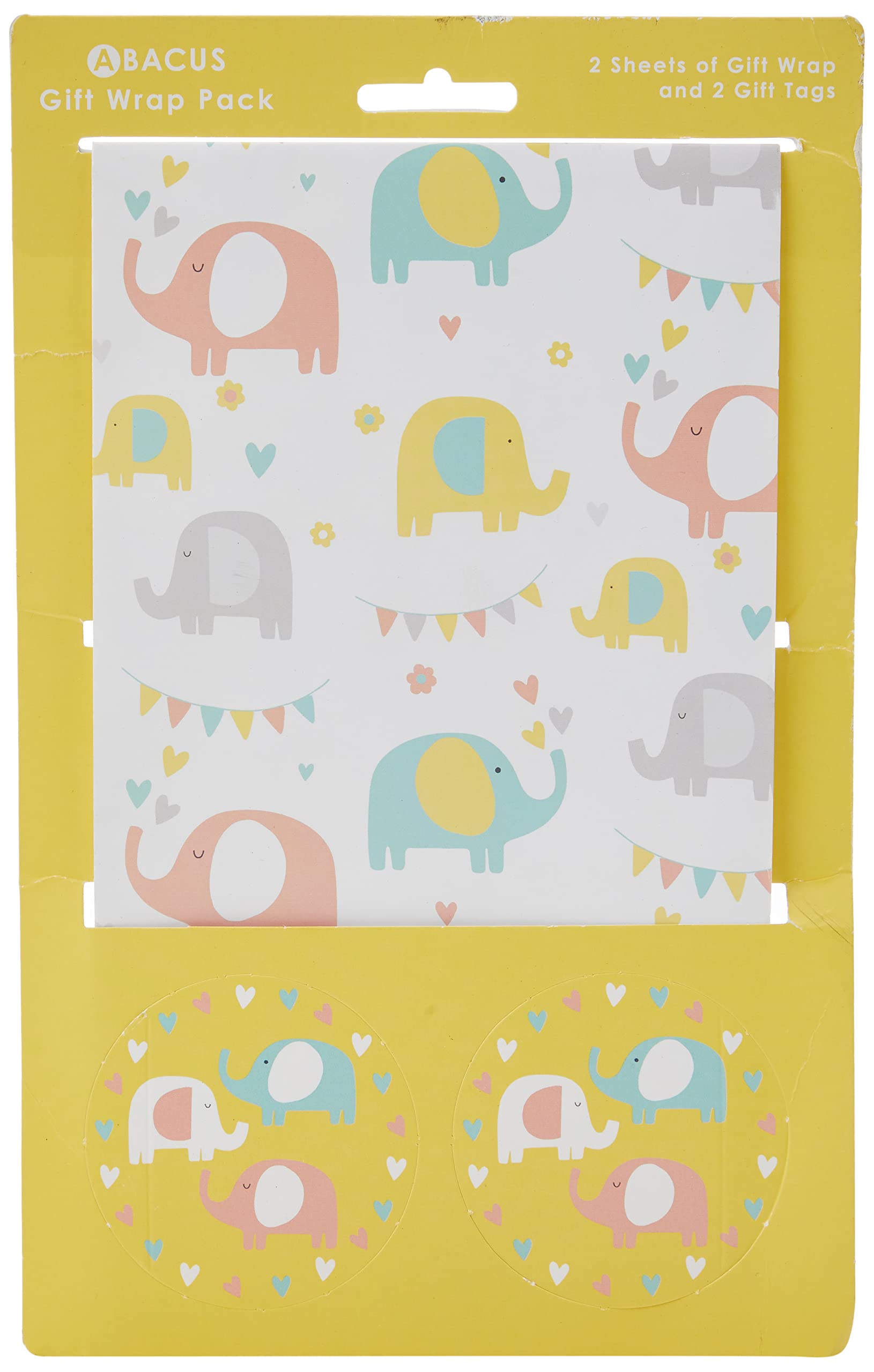 Abacus 10007A"Elephant Fun" Gift Wrap Pack with 2 Sheets/Strung Tags FULLY RECYCLABLE, 500mm x 700mm