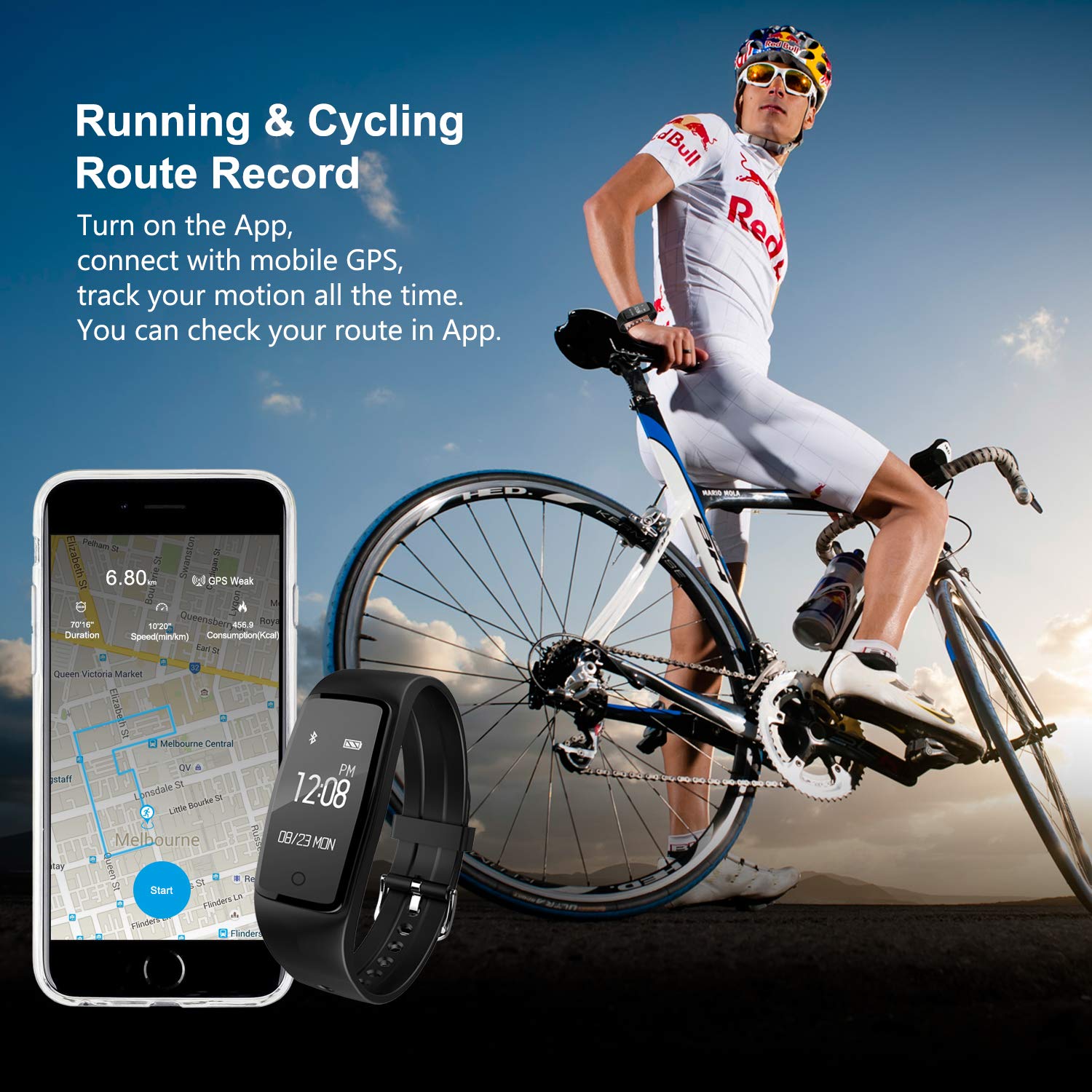 Fitness Tracker Watch, GULAKI Smart Wristbands Waterproof Smart Activity Tracker with Heart Rate Monitor Sleep Monitor Bluetooth GPS Route Tracking Pedometer Step Counter for Workout Exercise for Android and IOS Smart Phones - Black Upgrade