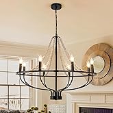 Ganeed Vintage Chandeliers,8-Light Round Wagon Wheel Chandelier with Wood Beaded,Black Farmhouse Pendant Light, Adjustable He